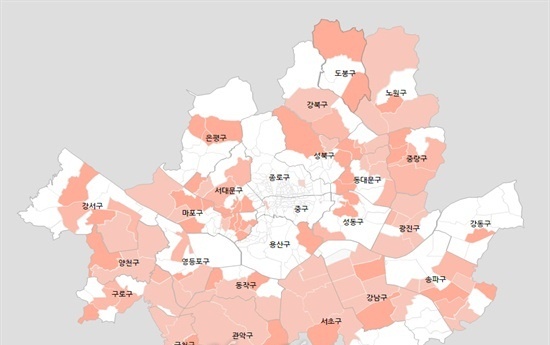 ▲  지난 2월 말 ~ 3월 초, 전세보증금 3000만 원 이상의 서울시 5평(16.5㎡) 원룸 전세 매물 분포도. 색깔이 짙은 동네에 매물이 많다는 의미다.  