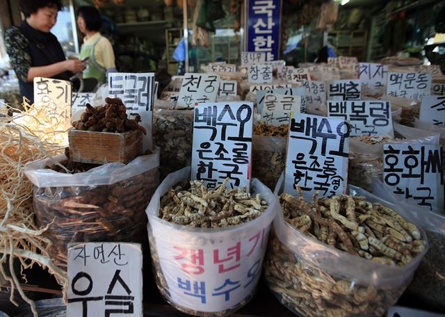 '가짜 백수오(약재)' 이엽우피소 논란으로 코스닥 시장이 출렁이고 약재 시장에서도 이엽우피소가 자취를 감췄다. 식품의약품안전처는 30일 '가짜 백수오' 논란을 빚어온 내츄럴엔도텍의 백수오 제품을 재조사한 결과 이엽우피소 성분이 검출됐다고 밝혔다. 백수오는 안면홍조, 손발 저림, 신경과민 등 갱년기 여성의 증상을 완화해주는 효과가 있는 것으로 알려져 있다. 이엽우피소는 백수오와 겉모양이 비슷해 구분이 어렵고, 백수오보다 상대적으로 재배기간이 짧고 가격이 저렴해 종종 '사기 판매 논란'이 불거지기도 했다. 사진은 이날 오후 서울 동대문구 경동시장 약령시 한 매장에 진열된 백수오와 약재들. 약재상들은 최근 논란으로 약재시에서 이엽우피소를 찾기 힘들어졌다고 설명했다. 