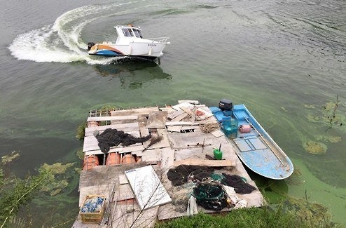 "녹조가 사라질까"  지난 8일 대구 달성군 구지면 도동나루터에서 수자원공사 관계자들이 모터보트로 강을 휘젓고 있다. 대구환경운동연합은 이날 낙동강 지천 일대에 녹조현상이 발생했다고 9일 밝혔다. 2015.6.9 <<대구환경운동연합>>