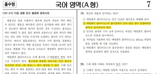 ↑ 출제오류 논란에 휩싸인 국어 A형 19번 문항.