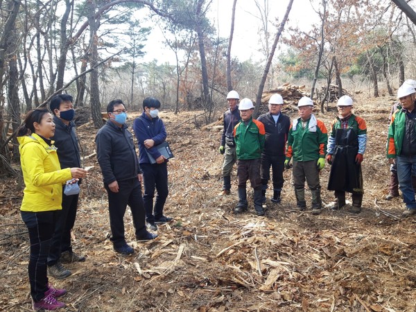 지난 13일, 대지면 소재 산지에서 산림청 및 창녕군 관계자들이 소나무재선충병 방제작업 현장을 점검하고 있다./ⓒ창녕군