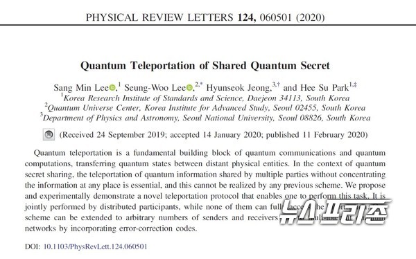 여러 사람이 공유하는 양자정보를 유출 가능성 없이 전달할 수 있는 원격전송기술을 완성한 한국표준과학연구원(KRISS) 양자기술연구소 등 국내연구는 물리학 권위지 피지컬 리뷰 레터스(physical review letters, IF: 9.227)에 2월 11일 게재됐다./ⓒ피지컬 리뷰 레터스·표준연구원