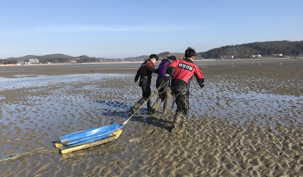 갯벌에 조개를 채취하다 고립된 A씨가 해경에 의해 구조돼 육상으로 함께 나가고 있다.Ⓒ보령해양경찰서