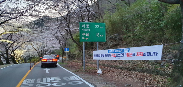 하동군이 코로나19 여파로 화개장터 벚꽃축제를 취소하고 방문 자제를 홍보하고 있으나 벚꽃 개화시기에 맞춰 전국에서 많은 상춘객이 찾을 것으로 보고 방역을 한층 강화하고 나섰다.(벚꽃길 방역소독)/ⓒ하동군