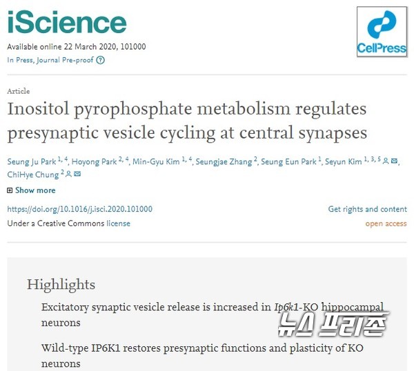 뇌에서 합성되는 화학물질 이노시톨 파이로인산(5-IP7)의 신경활성 조절 기능을 규명한 건국대·카이스트 연구팀 결과는 국제학술지 셀(Cell)의 자매지 ‘아이사이언스(iScience)’에 3월 23일 게재됐다./ⓒ아이사이언스·카이스트 김세윤 교수팀