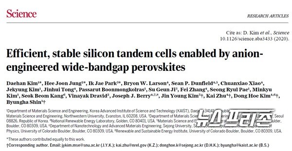 큰 밴드갭의 페로스카이트 물질을 개발하고 이를 적용해, 26.7%의 광 변환 효율을 갖는 고효율 페로브스카이트-실리콘 탠덤(tandem) 태양전지를 구현한 카이스트 신병하 교수팀 등 국내외 연구는 국제 학술지 ‘사이언스(Science)’에 3월 26일 게재됐다./ⓒ사이언스·카이스트 신병하 교수팀