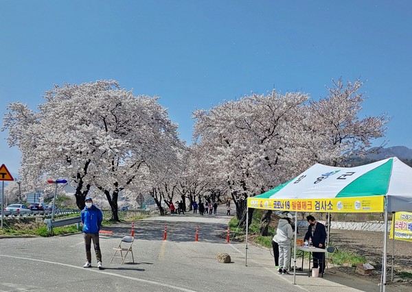 함양군 병곡면은 지난 2일부터 병곡면사무소 인근 고가도로 입구에 ‘코로나19 대응 상춘객 발열체크 검역소’를 설치 운영 중이다./ⓒ함양군