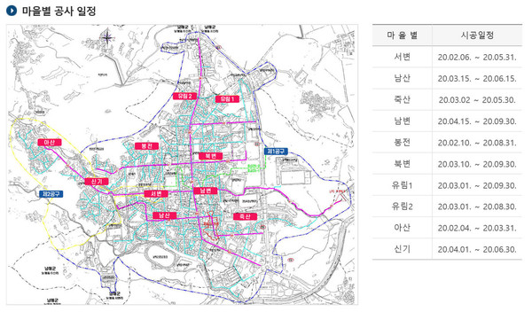 LPG배관망 구축사업 마을별 공사일정./ⓒ남해군