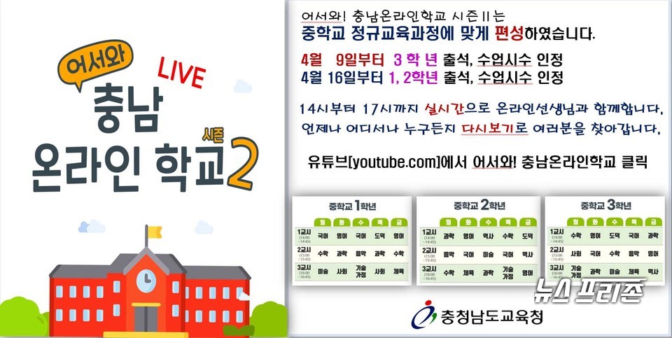 충남교육청이 ‘어서 와! 충남 온라인학교’의 교육과정을 중학교 정규교육과정 시간에 따라 새롭게 편성했다./ⓒ충남교육청