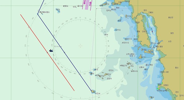 단속된 외국선박이 당시 기항 중이던 위치(파란선은 직선기선, 빨간선은 영해선).Ⓒ보령해양경찰서