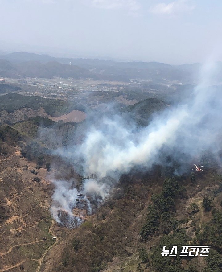 충남산불방지대책본부는 23일 청양군 운곡면 야산에서 발생한 산불을 초동 진화했다고 밝혔다./ⓒ충남도청