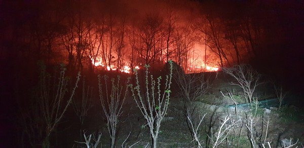 24일 오후 9시 28분쯤 충남 서산시 해미면 대곡리 한서대학교 뒷산에서 불이 나 2시간여 만에 진화됐다./충남소방본부