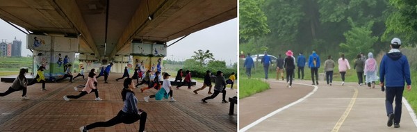 건강걷기 참여자들이 몸 풀기 체조 후 간격을 두고 걷고 있다./ⓒ예산군청