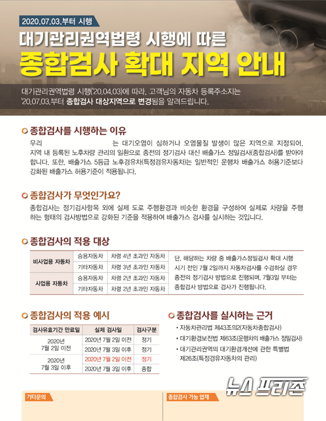 충남 논산시가 오는 7월 3일부터 기존 자동차 정기검사를 배출가스 정밀검사가 추가된 자동차 종합검사로 변경 시행한다./ⓒ논산시청