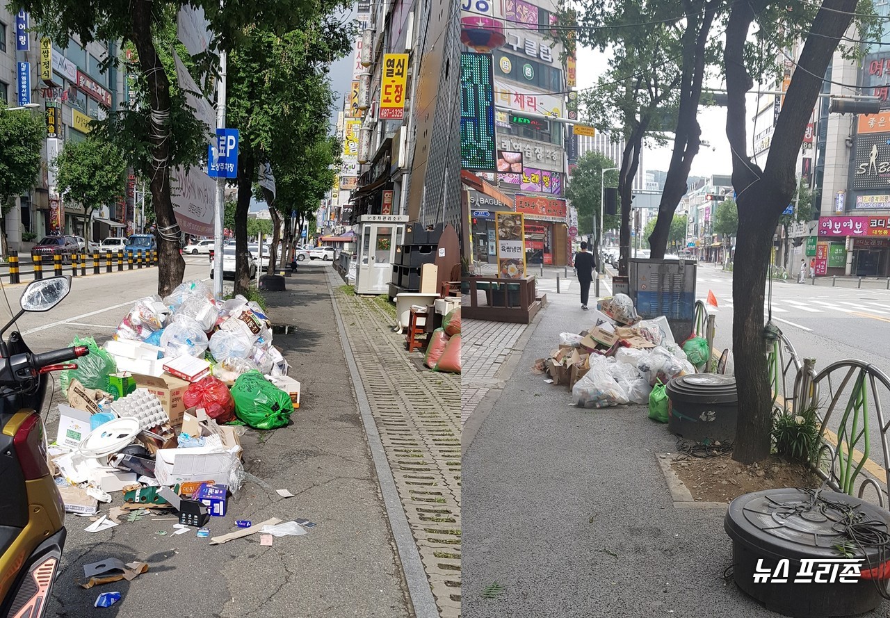 [뉴스프리존,대전=이현식 기자] 26일 대전 서구 월평동 일대 인도에 분리되지 않은 쓰레기가 가득차 행인들의 눈살을 찌푸리게 하고 있다. 이 지역은 주변에 포차, 안마 등 유흥 및 오락 시설이 많아 폭풍처럼 유흥의 밤이 지난 다음날이면 어김없이 밤사이 쌓인 쓰레기로 몸살을 앓고 있다./@박한복 기자