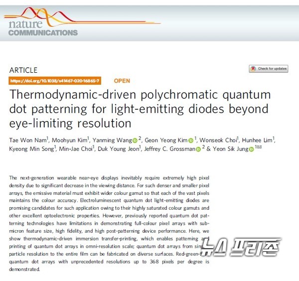 차세대 퀀텀닷 LED(QLED) 기반 디스플레이 실현에 핵심적인 기술인 풀 컬러(적·녹·청) 퀀텀닷 패터닝 프린팅 기술 개발한 한국과학기술원(KAIST) 신소재공학과 정연식 교수·전덕영 명예교수 공동 연구팀 연구는 국제학술지 ‘네이처 커뮤니케이션스 (Nature Communications)’ 6월 16일 게재됐다./ⓒ네이처 커뮤니케이션스·카이스트 정연식 교수팀