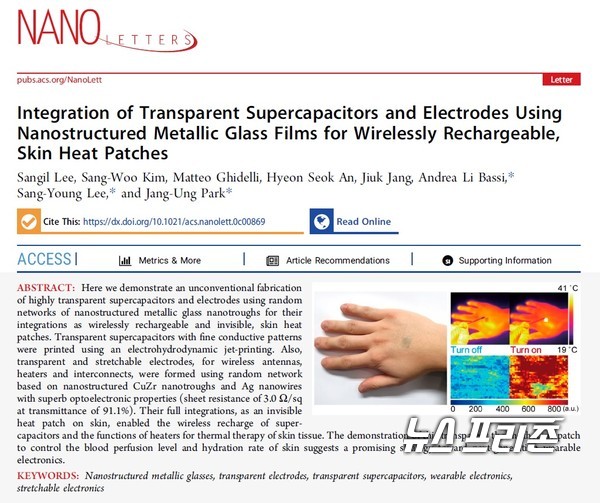 피부에 부착하여 여드름과 염증을 치료하는 투명 온열패치를 개발한 기초과학연구원(IBS) 나노의학 연구단 박장웅 교수(연세대 신소재공학과) 연구팀 등 국내외 연구결과는 국제 학술지‘나노 레터스(Nano Letters, IF 11.238)’에 7월 8일 게재됐다./ⓒ나노 레터스·연세대 박장웅 교수팀