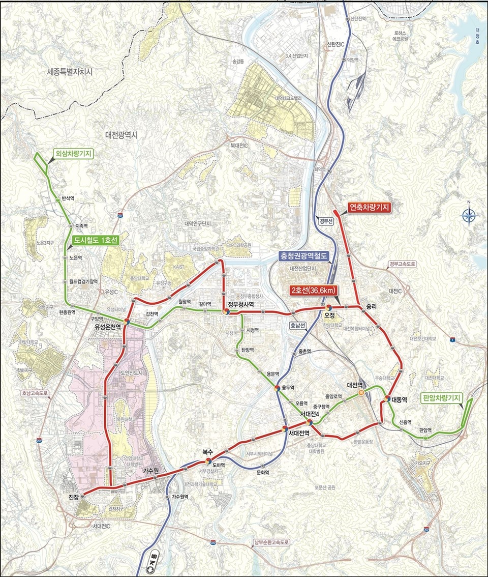 대전 도시철도 2호선 트램사업이 전국 최초로 상용화되는데 걸림돌였던 총사업비 조정 협의가 완료됨에 따라 본격적인 사업 추진에 탄력을 받게될 전망이다. 사진은 트램 노선도./ⓒ대전시