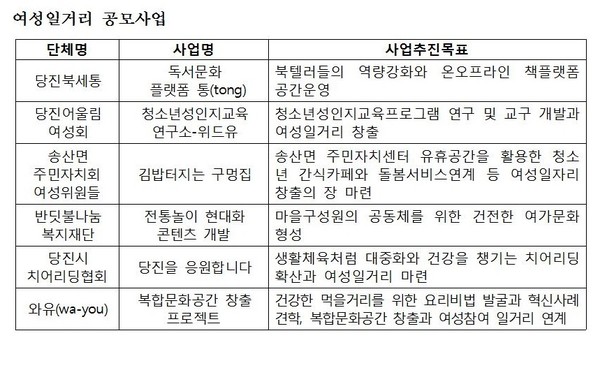 충남 당진시의 여성일거리 공모사업 내용표.ⓒ당진시청