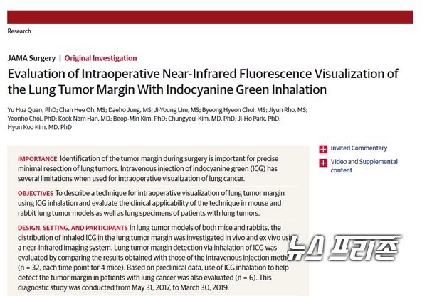 폐암 병변을 정확하게 탐색해 수술 시 절제 범위를 최소화할 수 있는 형광조영제 흡입을 통한 폐암 탐색기법을 개발한 고려대 김현구 교수팀 등 국내연구는 미국의사협회가 발행하는 외과분야 최상위 국제 학술지(JAMA Surgery)에 6월 24일 게재됐다./ⓒJAMA Surgery·고려대 김현구 교수팀