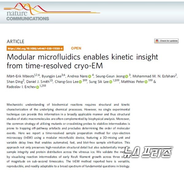 생화학 반응에서 단백질의 3차원 구조변화를 분석할 수 있는 미세유체장치를 개발한 충남대 이창수 교수팀 등 국내외 연구는 국제학술지 네이처 커뮤니케이션즈(Nature Communications)에 7월 10일 게재 됐다./ⓒ네이처 커뮤니케이션즈· 충남대 이창수 교수팀