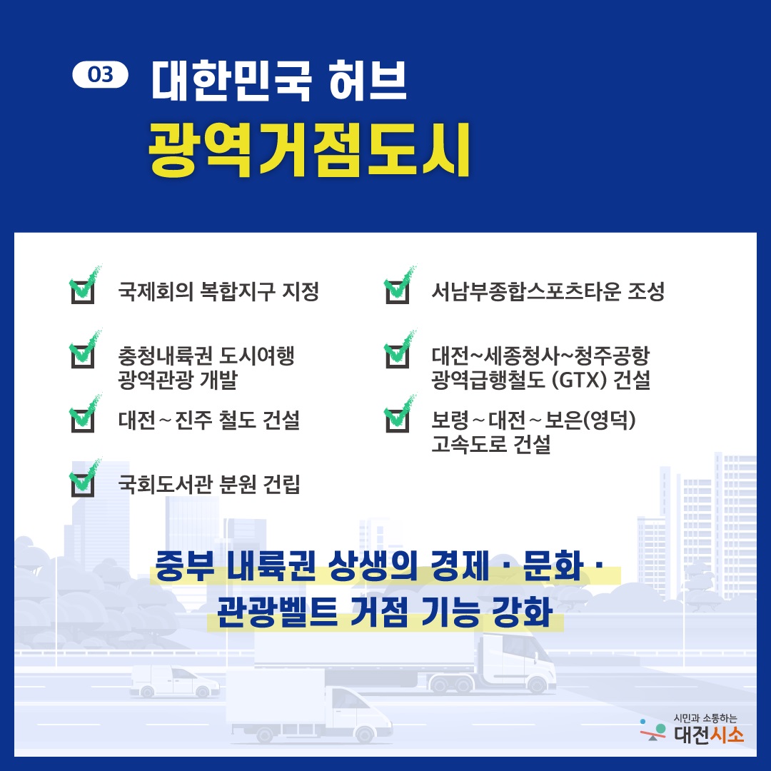 대전시가 '대한민국 허브 광역거점도시' 중부 내륙권 상생의 경제·문화·관광벨트 거점 기능을 강화한다./ⓒ대전시