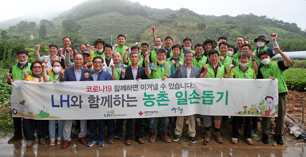 한국토지주택공사와 대한적십자사 경남도지사가 지난 29일 산청군 단성면을 찾아 고구마 농가 일손돕기를 진행했다./ⓒ산청군