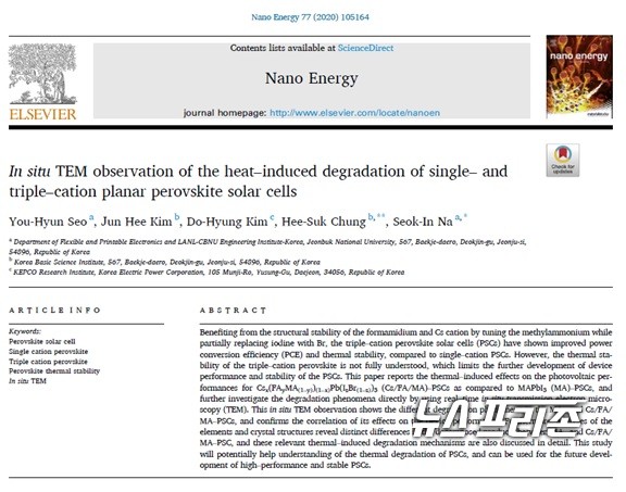 페로브스카이트 태양전지의 성능 저하 원인을 규명한 한국기초과학지원연구원(KBSI) 정희석 박사팀과 전북대학교 나석인 교수팀 등 연구는 세계적인 나노분야 학술지인 나노 에너지(Nano Energy)에 게재됐다./ⓒ나노 에너지·KBSI