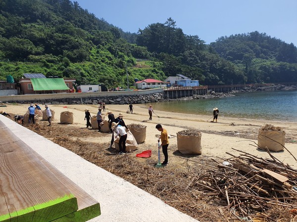 남해군청 직원들 조도 해안변 정화활동 모습./ⓒ남해군