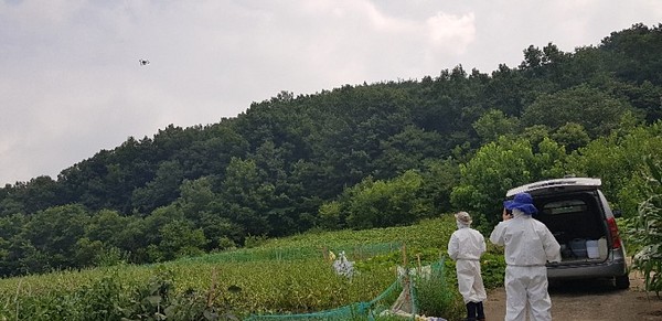 거창군은 소나무재선충병의 확산을 저지하기 위해 지난 20일부터 2일간 드론을 활용한 무인 항공방제를 실시했다./ⓒ거창군