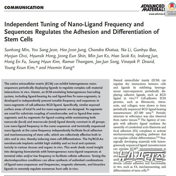임플란트 소재 표면에서 세포의 부착과 분화를 조절할 수 있는 생체내 나노코딩 제어 시스템을 개발한 고려대 강희민 교수팀 연구는 국제학술지 어드밴스드 머티리얼스(Advanced Materials)에 8월 21일 게재됐다./ⓒ어드밴스드 머티리얼스·고려대 강희민 교수팀