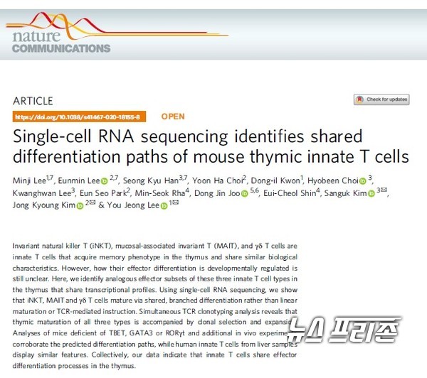 새로운 면역 T세포의 발달과정을 규명한 포항공대 이유정 교수팀 등 국내 연구는  국제학술지 네이처 커뮤니케이션즈(Nature Communications)에 8월 31일 됐다./ⓒ네이처 커뮤니케이션즈·포항공대 이유정 교수팀