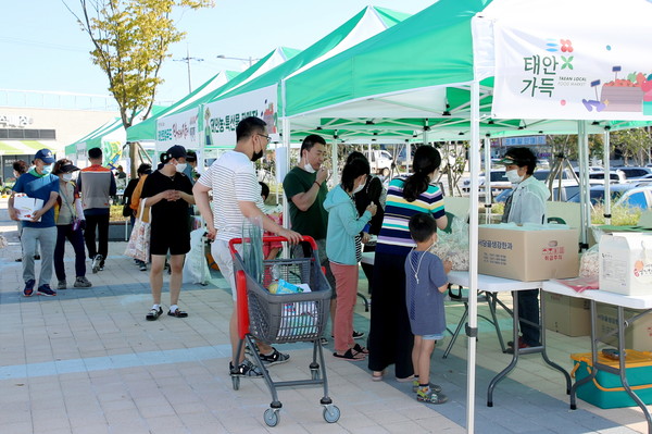 태안군이 오는 11월까지 남면 안면대로 일원에 위치한 태안 로컬푸드 직매장 앞 광장에서 로컬푸드 직거래 장터를 운영하고 있는 가운데 19일 이곳 행사장을 찾은 손님들이 농산물을 구매하고 있다./ⓒ태안군청