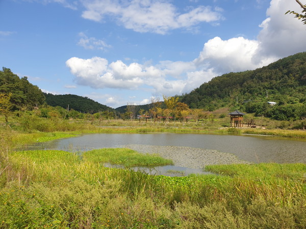 지난 25일 산밖벌 끝머리 제방 쪽 토평천 하류에 설치된 우포출렁다리 모습./ⓒ창녕군