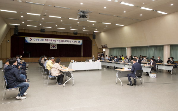 통영시는 통영시청 제1청사 강당에서 『수산물 고차 가공식품 개발사업』추진상황 보고회를 개최했다./ⓒ통영시