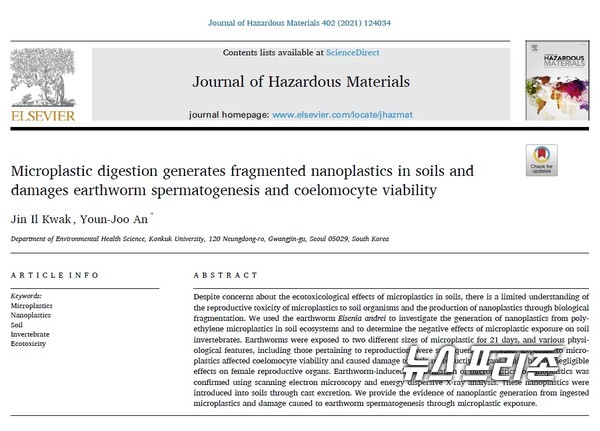 지렁이 섭취활동에 의해 토양 내 미세플라스틱이 쪼개져 나노플라스틱이 발생할 수 있다는 것을 규명한 건국대 안윤주 교수팀의 연구는 환경과학 분야 국제학술지 저널 오브 해저드스 머티리얼스(Journal of Hazardous Materials)에 9월 18일 게재됐다./ⓒ저널 오브 해저드스 머티리얼스·건국대 안윤주 교수팀