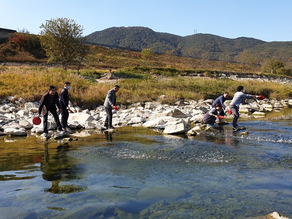 산청군은 2일 경호강, 덕천강, 양천강을 비롯한 읍면 소하천에 토속어종 다슬기 치패 145만미를 방류했다./ⓒ산청군