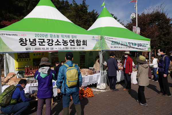 지난달 31일 우포늪 생태관 일원에서 강소농 직거래장터를 운영 모습./ⓒ창녕군