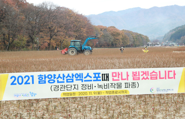 함양군은 2021 함양산삼엑스포를 앞두고 상림경관단지를 정비하고 엑스포 기간에 식재될 꽃들을 위해 녹비작물인 보리를 파종할 계획이다./ⓒ함양군