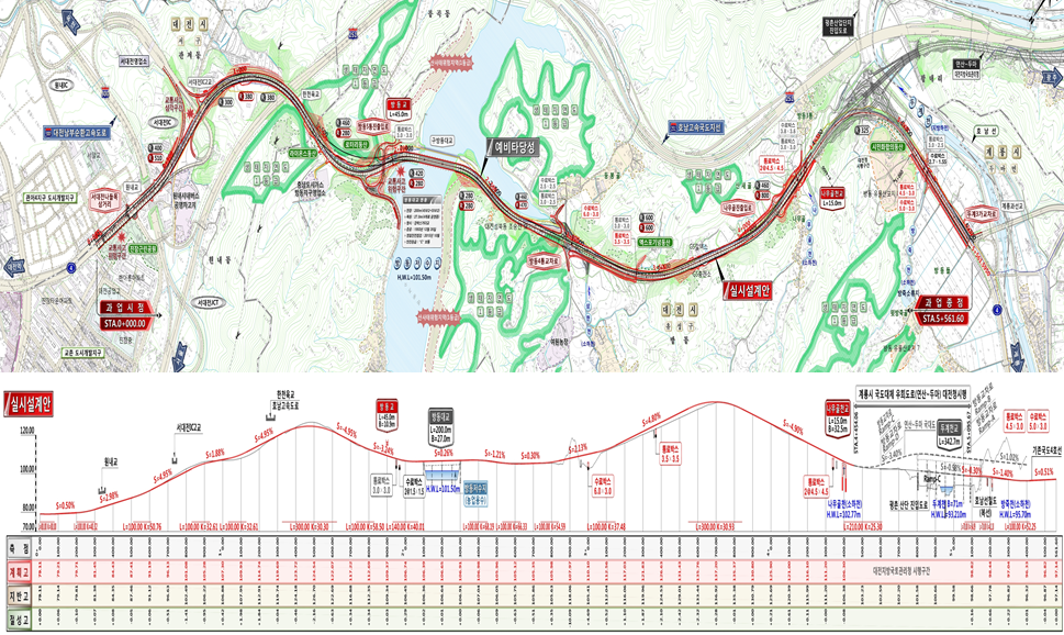 대전시는 상습 혼잡구간이던 서대전IC에서 계룡시 간 국도4호선 5.54km 구간을 기존 4차로에서 6차로로 확장하는 광역도로 사업을 본격 착수한다. 사진은 서대전IC~두계3가 공사계획 평면도 및 종단면도./ⓒ대전시