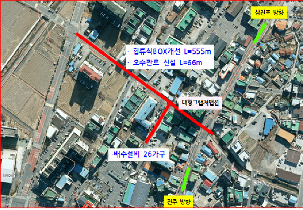 사천시는 하수처리 효율저하의 원인을 차단하기 위하여  합류식 하수관로 개선사업’을 완료했다.(위치도)/ⓒ사천시