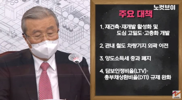 김종인 비대위원장은 지난 13일 기자회견에서 서울 부동산 대책을 발표했다. 재건축·재개발 규제완화, 택지확보 등을 통해 아파트를 공급하겠다는 것이 공약이다. 이를 위해 용적률 기준 상향, 안전진단 기준 조정, 분양가 상한제 폐지 및 과도한 재건축초과이익 환수제 수정 등을 거론했다. 게다가 총부채상환비율(DTI), 주택담보대출비율(LTV) 규제 등 대출관련 규제도 바꾸겠다고 공언했다. 이는 박근혜 정권 최경환 경제부총리의 '빚내서 집사라' 정책을 그대로 계승한 셈이다. / ⓒ 노컷뉴스