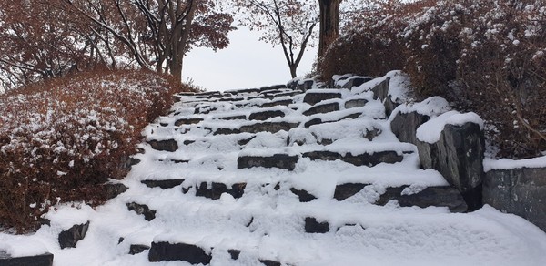 평택시보건소에서 평택시청 서문 사이에 있는 돌 계단에도 눈이 내렸다./ⓒ김경훈 기자