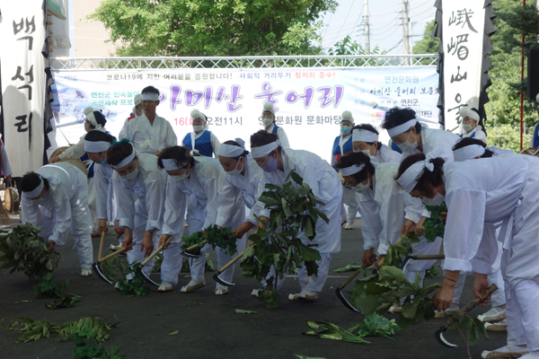 연천 무형문화제 10호인 아미산울어리 중 풋나무 베기를 재현하고 있다./Ⓒ연천군청