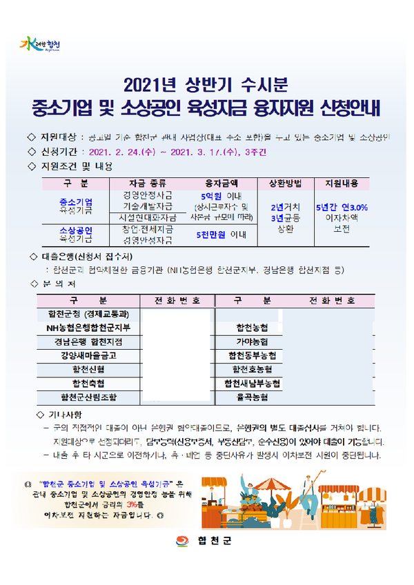 합천군은 관내 중소기업과 소상공인의 경제적 어려움을 해결하기 위해 55억원 규모의「2021년 상반기 수시분 중소기업 및 소상공인 육성기금」 융자지원 신청을  받는다./ⓒ합천군