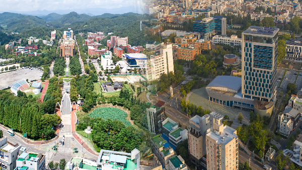 경상국립대학교 가좌캠퍼스와 칠암캠퍼스(현 경남과학기술대학교)의 전경을 합성한 사진./ⓒ경상대학교