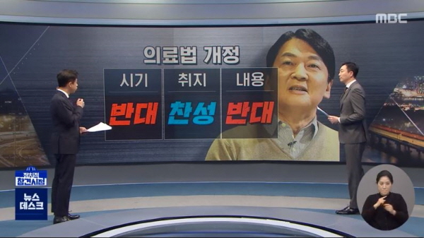 금고 이상의 형을 받으면 의사 면허를 박탈하는 내용의 의료법 개정안과 관련, 통과 여론이 상당하다. 그런데 안철수 국민의당 대표는 법안 취지에는 동감한다면서도 그 시기에 문제가 있고, 또 과하면 안 된다면서 계속 전제를 달았다. 찬성인지 반대인지 명확하지가 않다. /ⓒ MBC