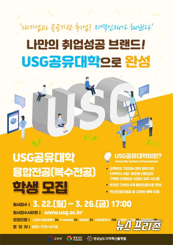 전국 최초 공유대학인 USG가 22일부터 학생을 모집한다.경남도