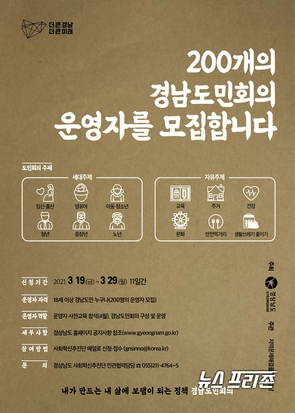 경남도가 19일부터 경남도민회의 운영자 200명을 모집한다.경남도