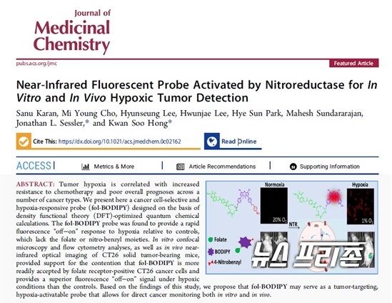 종양에 특이적으로 반응하고 형광 신호를 내는 프로브를 개발한 한국기초과학지원연구원(KBSI) 바이오융합연구부 홍관수 박사 연구팀 연구는 국제 학술지인 저널 오브 메디시널 케미스트리(Journal of Medicinal Chemistry)에 3월 12일 게재됐다./ⓒ오브 메디시널 케미스트리·KBSI